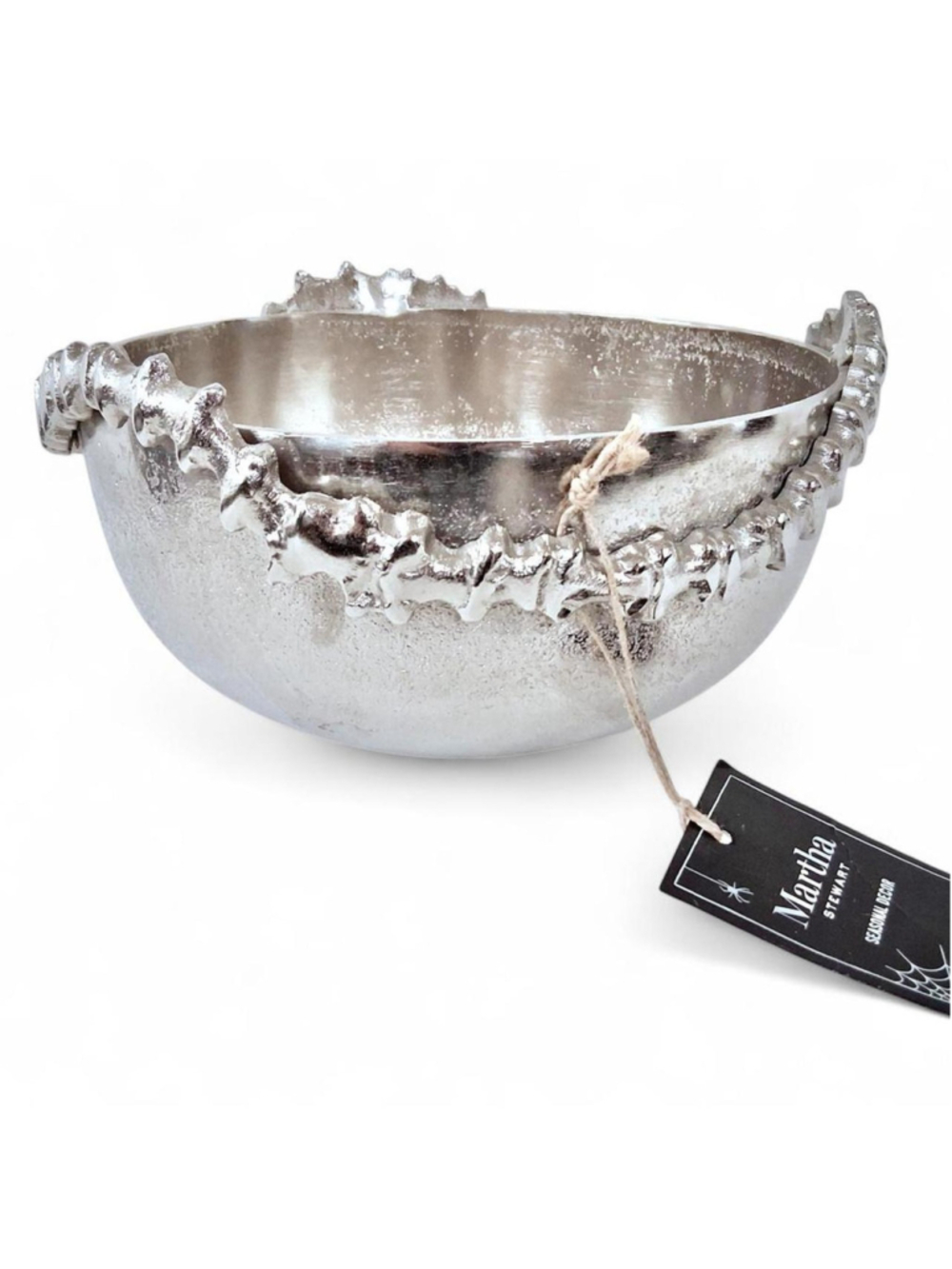 Martha Stewart Halloween Silver-Tone Metal Bowl with textured, wavy bone accent